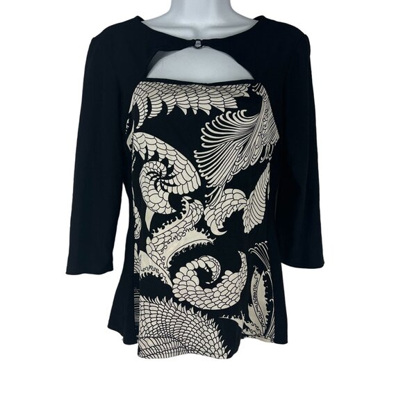 Linda Segal Black & Beige Abstract Print Top With Keyhole Detail Size Medium - Picture 1 of 5